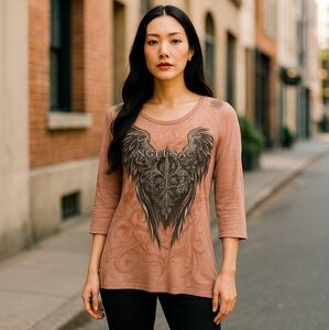 Angels & Diamonds Vintage Wing Lace Back Gothic Grunge Biker Dusty Rose Black S